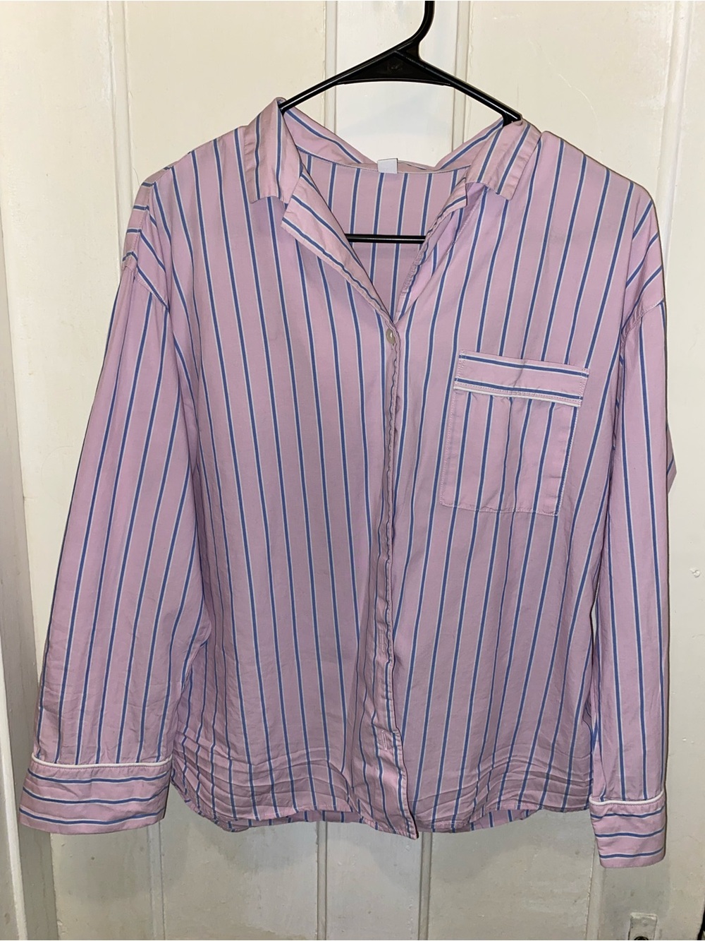 Women's Small Pink/Blue Collared Button-Down Striped Cotton Pajama Top
